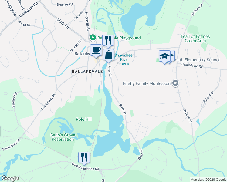 map of restaurants, bars, coffee shops, grocery stores, and more near 30 Highvale Lane in Andover