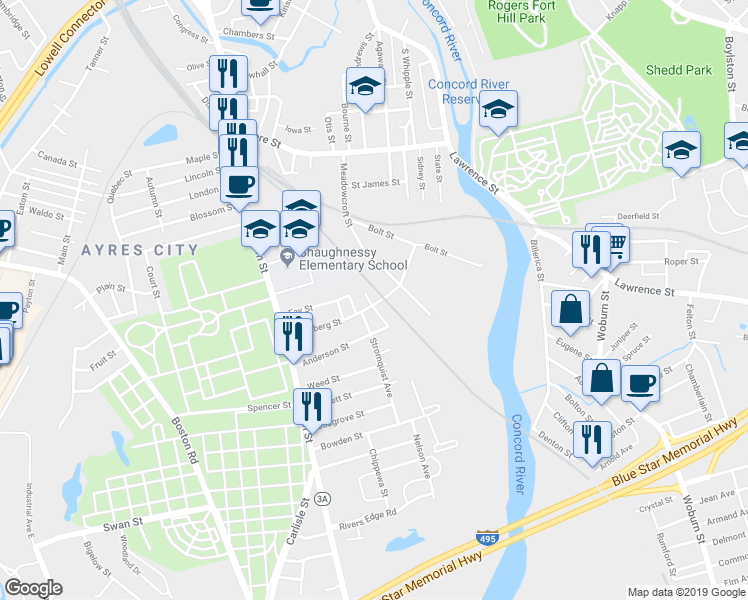 map of restaurants, bars, coffee shops, grocery stores, and more near 86 Fay Street in Lowell