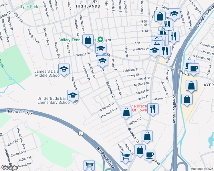 map of restaurants, bars, coffee shops, grocery stores, and more near 583 Stevens Street in Lowell