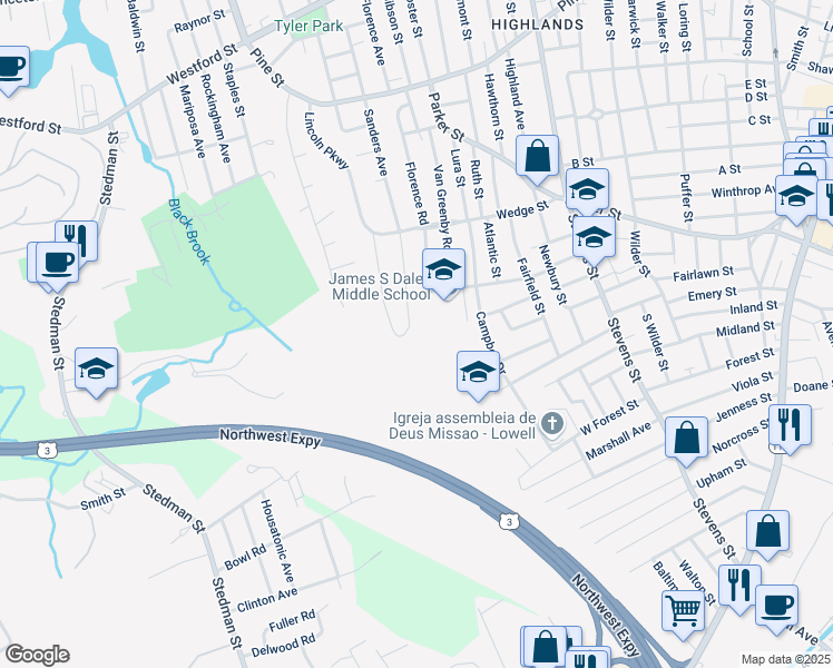 map of restaurants, bars, coffee shops, grocery stores, and more near 305 Sanders Avenue in Lowell