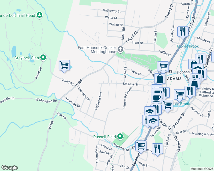 map of restaurants, bars, coffee shops, grocery stores, and more near 69 Melrose St in Adams