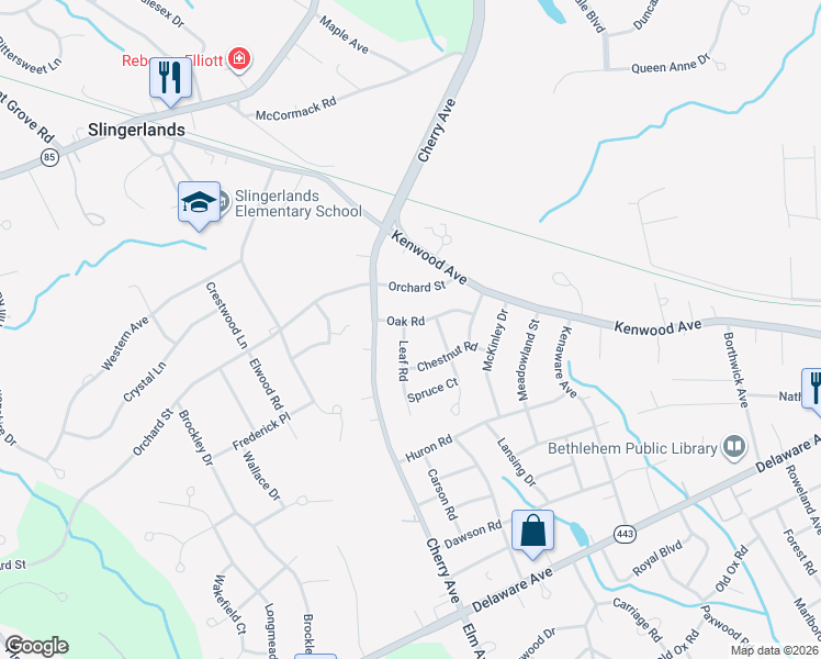map of restaurants, bars, coffee shops, grocery stores, and more near 23 Oak Road in Delmar