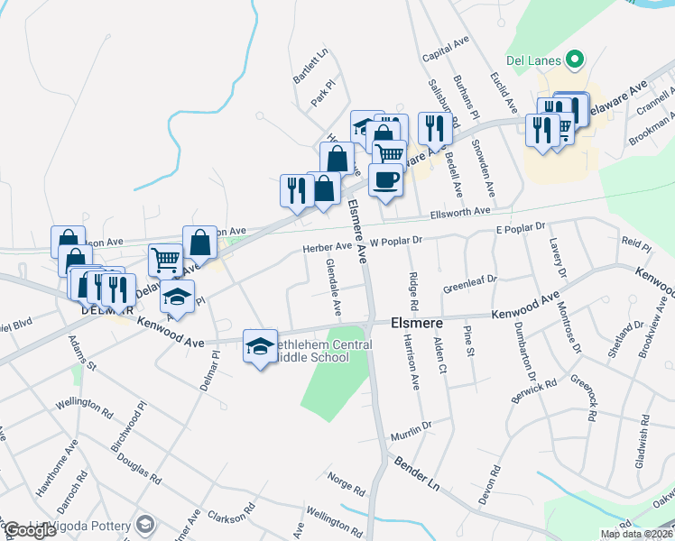 map of restaurants, bars, coffee shops, grocery stores, and more near 12 Herber Avenue in Delmar