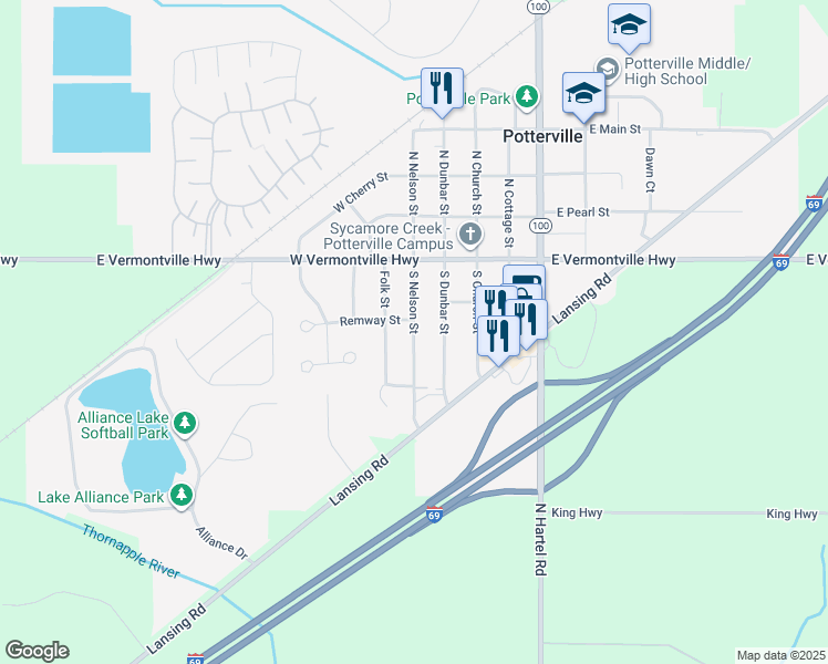 map of restaurants, bars, coffee shops, grocery stores, and more near 302 Remway Drive in Potterville