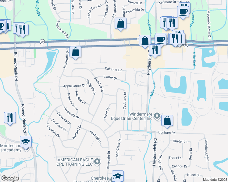 map of restaurants, bars, coffee shops, grocery stores, and more near 44375 Boulder Drive in Clinton Township