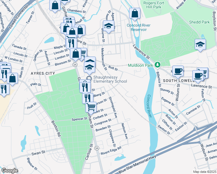 map of restaurants, bars, coffee shops, grocery stores, and more near 86 Fay Street in Lowell