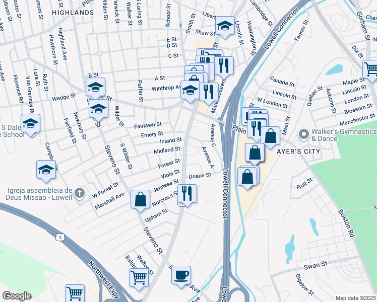 map of restaurants, bars, coffee shops, grocery stores, and more near 580 Chelmsford Street in Lowell