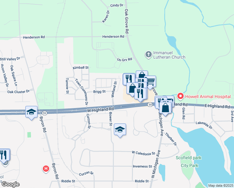 map of restaurants, bars, coffee shops, grocery stores, and more near 1623 Welland Street in Howell