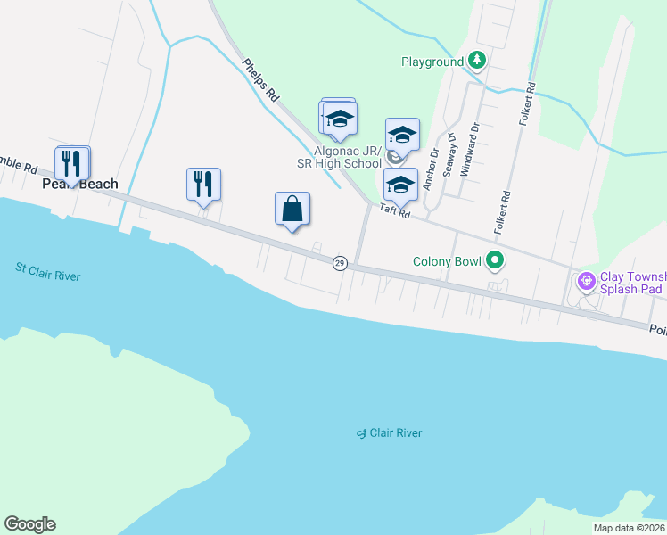 map of restaurants, bars, coffee shops, grocery stores, and more near 5347 Pointe Tremble Road in Algonac