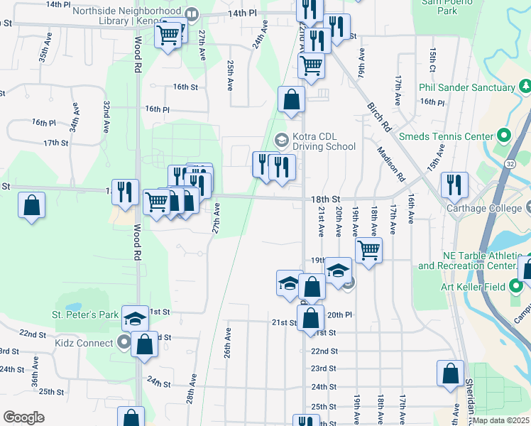 map of restaurants, bars, coffee shops, grocery stores, and more near 2401 18th Street in Kenosha