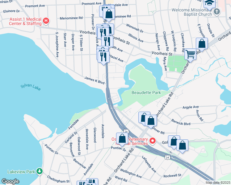 map of restaurants, bars, coffee shops, grocery stores, and more near 12 Riverbank Drive in Pontiac