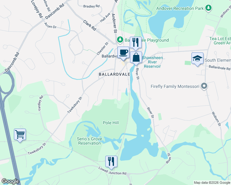 map of restaurants, bars, coffee shops, grocery stores, and more near 76 Center Street in Andover