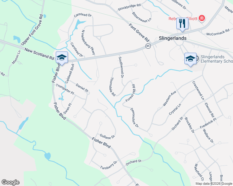 map of restaurants, bars, coffee shops, grocery stores, and more near 70 Thorndale Road in Slingerlands