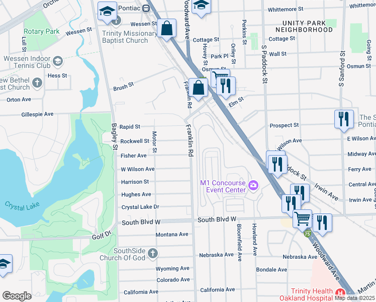 map of restaurants, bars, coffee shops, grocery stores, and more near 208 Franklin Road in Pontiac