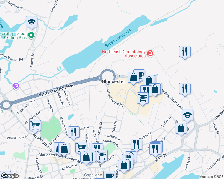 map of restaurants, bars, coffee shops, grocery stores, and more near 4 School House Road in Gloucester