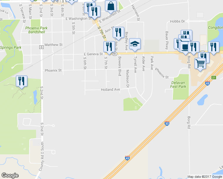 map of restaurants, bars, coffee shops, grocery stores, and more near 717 Holland Avenue in Delavan
