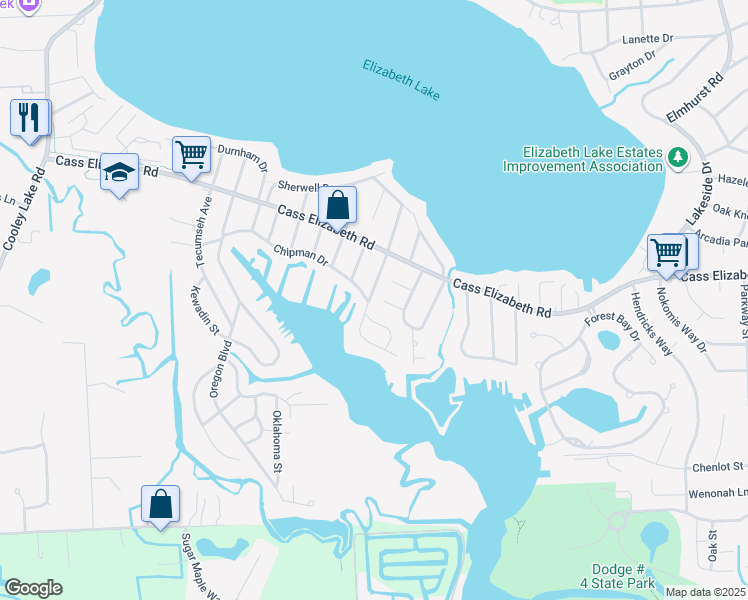 map of restaurants, bars, coffee shops, grocery stores, and more near 1081 Charest Drive in Waterford Township