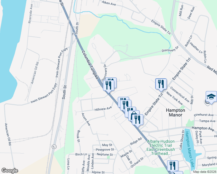 map of restaurants, bars, coffee shops, grocery stores, and more near in Hampton Manor
