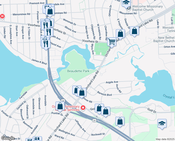 map of restaurants, bars, coffee shops, grocery stores, and more near 56 Sylvan in Pontiac