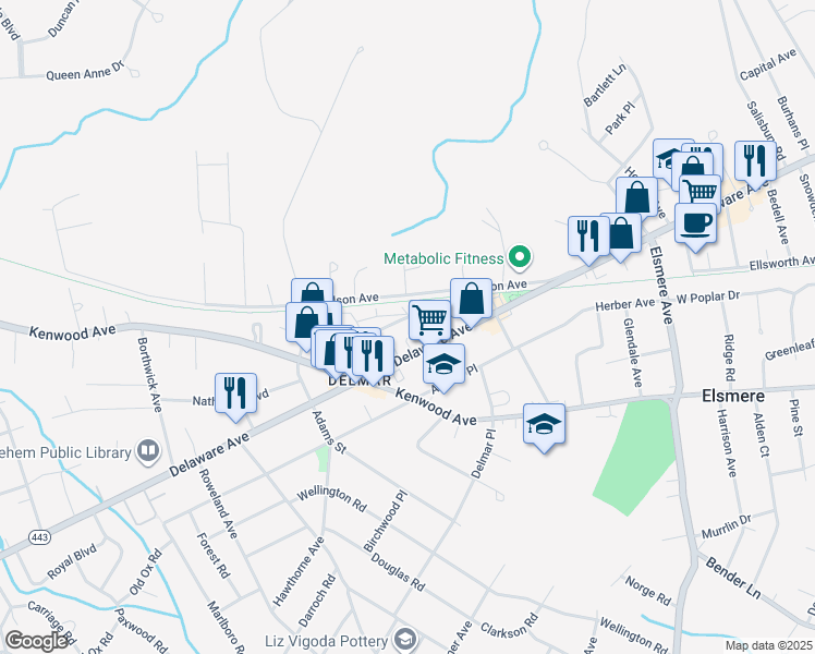 map of restaurants, bars, coffee shops, grocery stores, and more near 10 Hallwood Road in Delmar