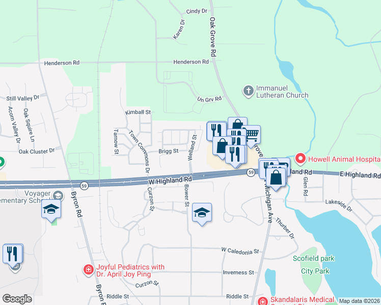 map of restaurants, bars, coffee shops, grocery stores, and more near 1771 Welland Street in Howell