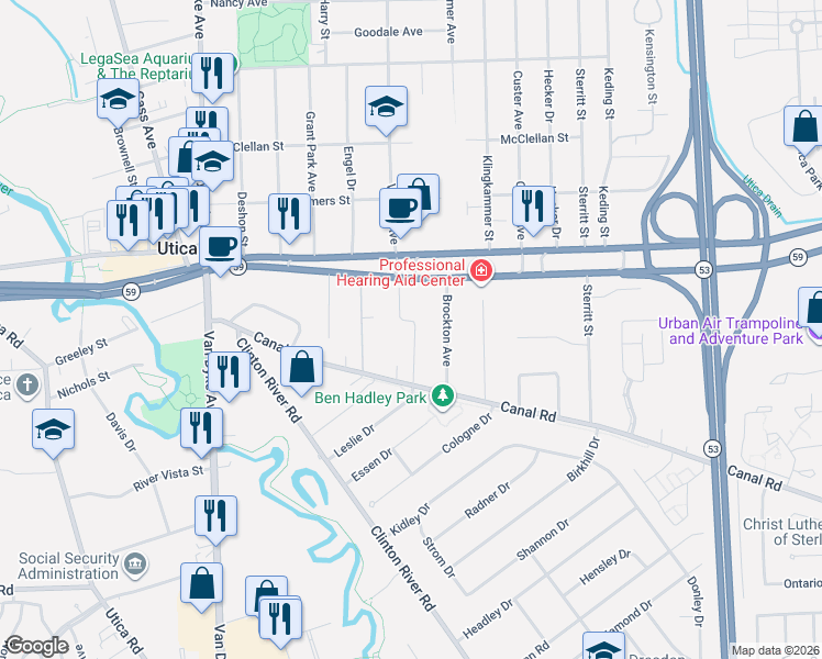 map of restaurants, bars, coffee shops, grocery stores, and more near 44819 Duffield Avenue in Sterling Heights