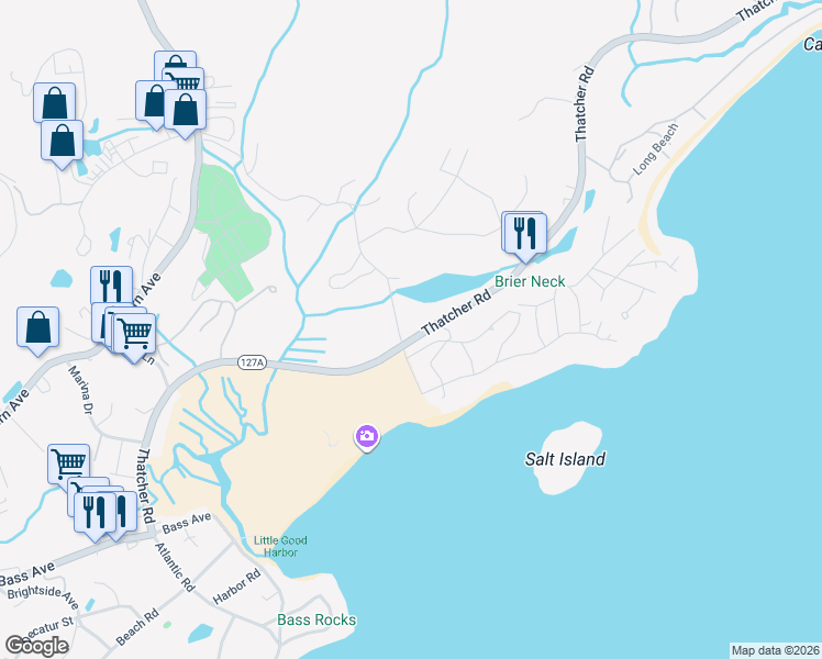 map of restaurants, bars, coffee shops, grocery stores, and more near 78 Thatcher Road in Gloucester
