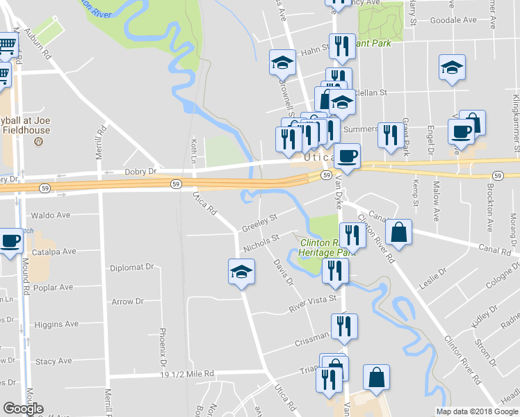 map of restaurants, bars, coffee shops, grocery stores, and more near 44760 Davis Drive in Utica