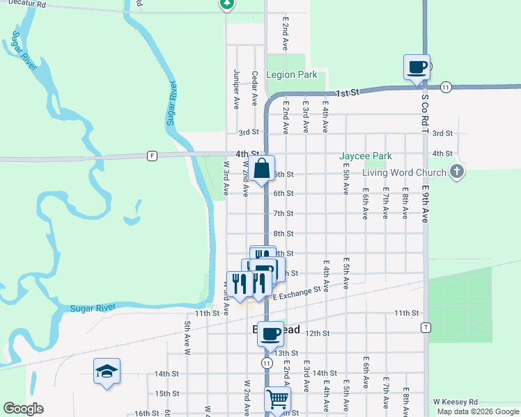 map of restaurants, bars, coffee shops, grocery stores, and more near 606 West 2nd Avenue in Brodhead