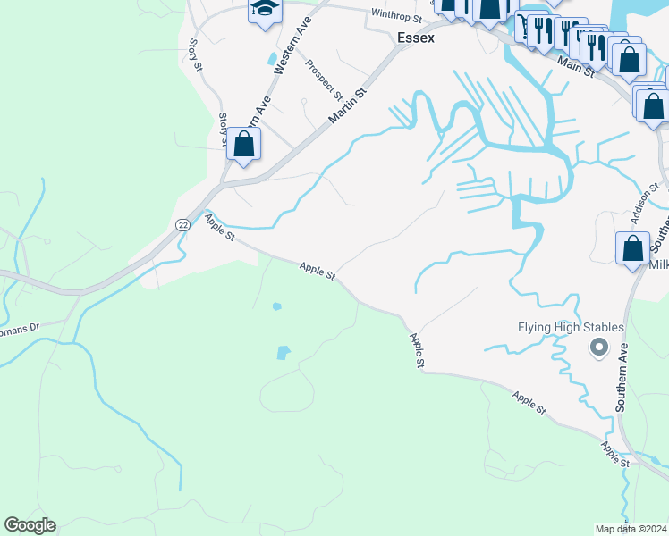 map of restaurants, bars, coffee shops, grocery stores, and more near 40 Apple Street in Essex