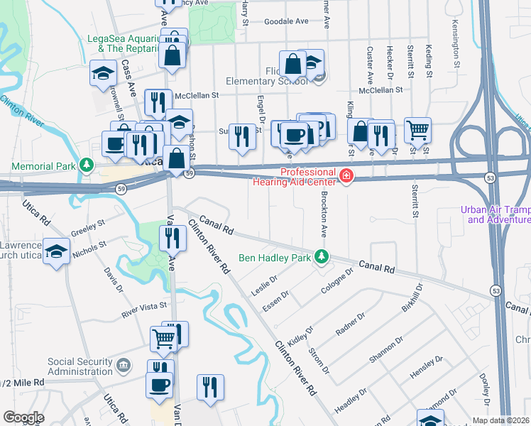 map of restaurants, bars, coffee shops, grocery stores, and more near 44799 Malow Avenue in Sterling Heights