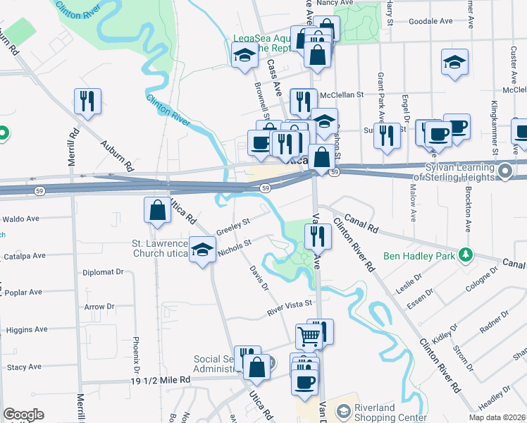 map of restaurants, bars, coffee shops, grocery stores, and more near 7829 Greeley Street in Utica