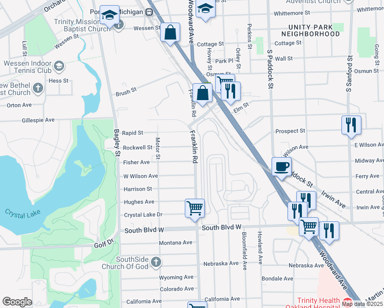 map of restaurants, bars, coffee shops, grocery stores, and more near 202 Franklin Road in Pontiac