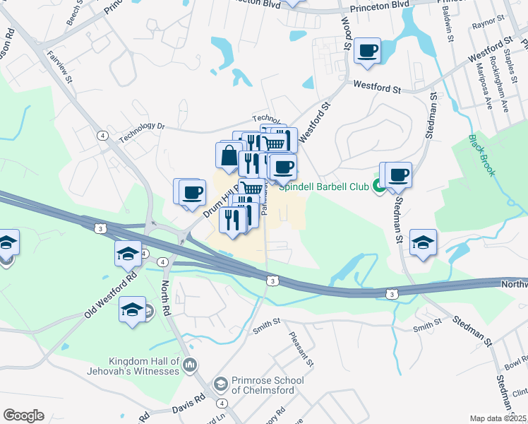 map of restaurants, bars, coffee shops, grocery stores, and more near 1 Courthouse Lane in Chelmsford