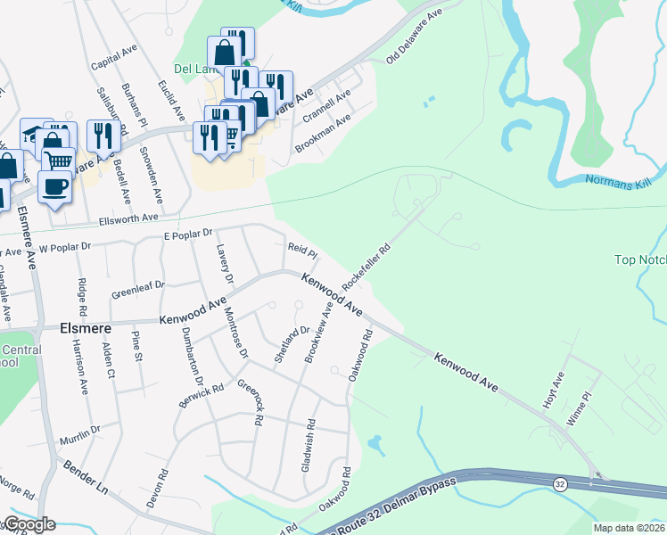 map of restaurants, bars, coffee shops, grocery stores, and more near 177 Rockefeller Road in Albany County