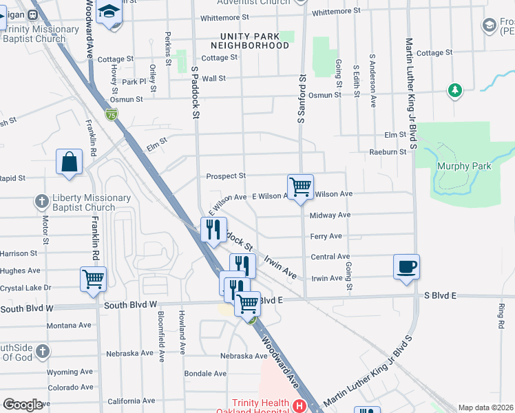 map of restaurants, bars, coffee shops, grocery stores, and more near 509 South Jessie Street in Pontiac