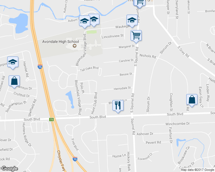 map of restaurants, bars, coffee shops, grocery stores, and more near 3043 Henrydale Street in Auburn Hills