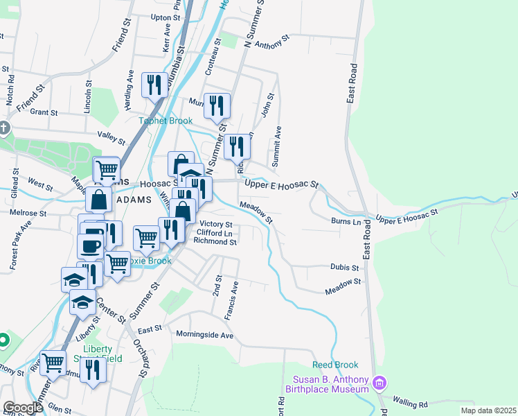 map of restaurants, bars, coffee shops, grocery stores, and more near 28 Meadow Street in Adams