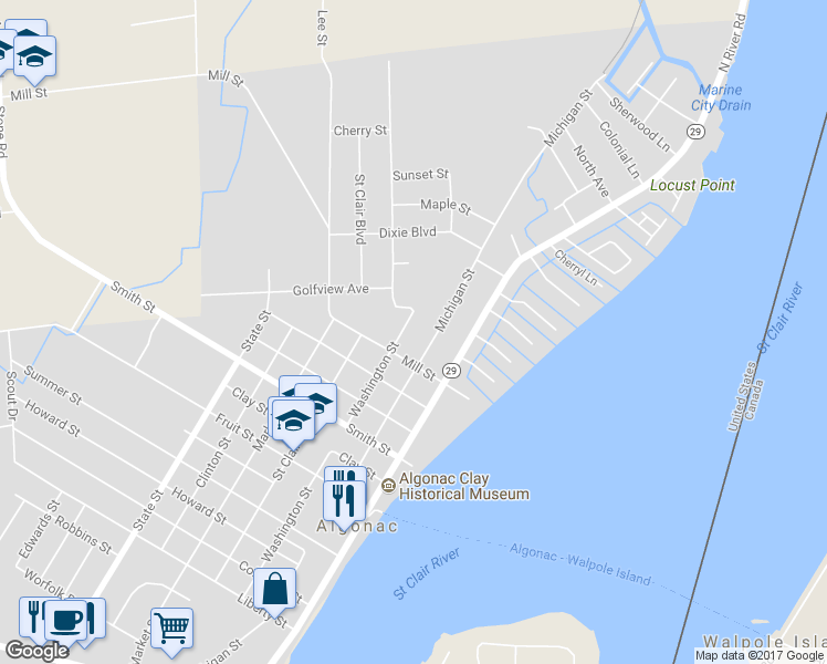 map of restaurants, bars, coffee shops, grocery stores, and more near 1736 Washington Street in Algonac