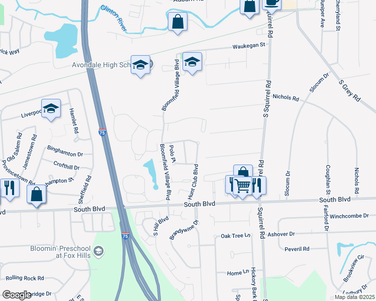 map of restaurants, bars, coffee shops, grocery stores, and more near 844 Canter Lane in Auburn Hills