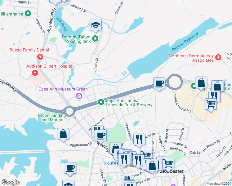 map of restaurants, bars, coffee shops, grocery stores, and more near 146 Maplewood Avenue in Gloucester