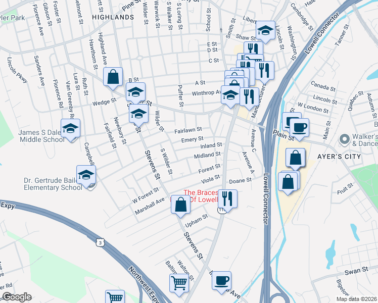 map of restaurants, bars, coffee shops, grocery stores, and more near 74 Inland Street in Lowell
