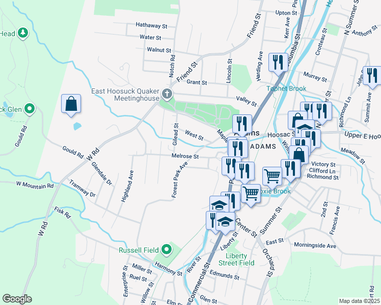 map of restaurants, bars, coffee shops, grocery stores, and more near 17 Forest Park Ave in Adams