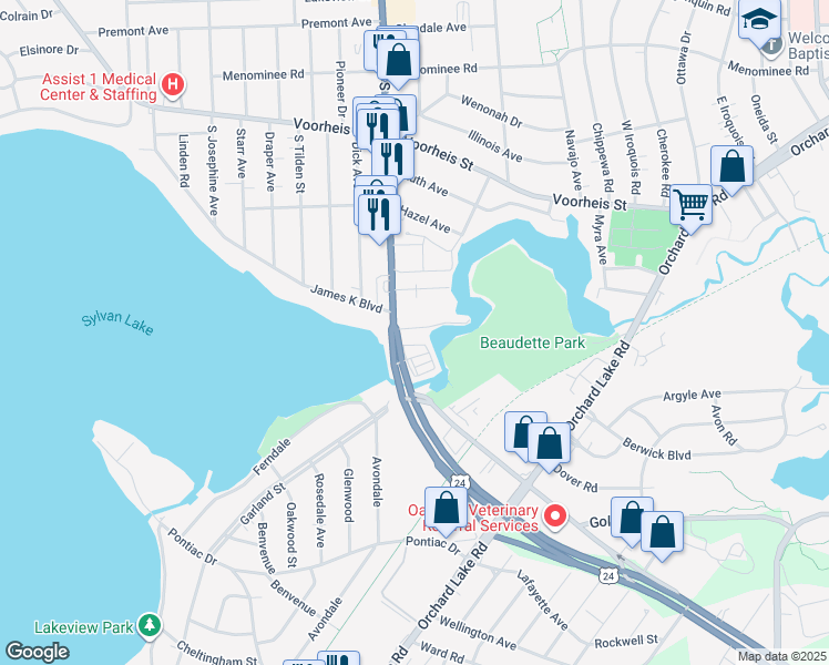 map of restaurants, bars, coffee shops, grocery stores, and more near 401 South Telegraph Road in Pontiac