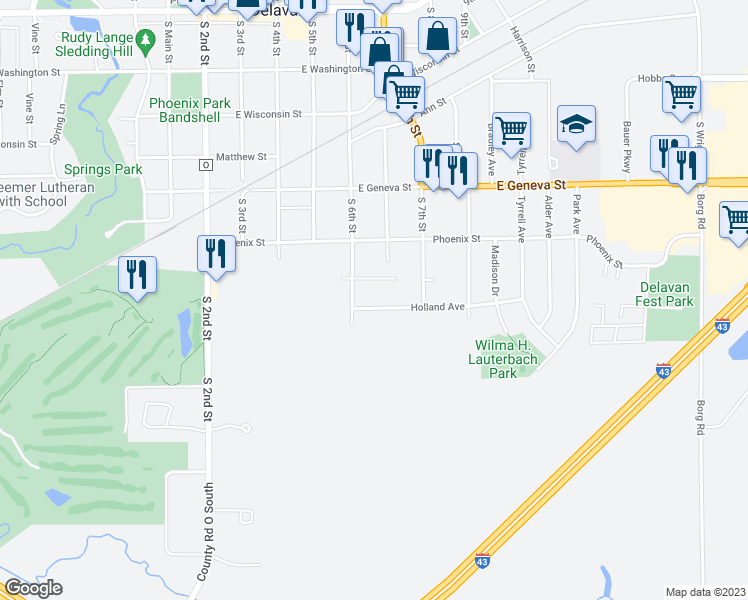 map of restaurants, bars, coffee shops, grocery stores, and more near 611 Holland Avenue in Delavan