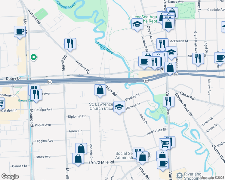 map of restaurants, bars, coffee shops, grocery stores, and more near 44812 Utica Road in Utica