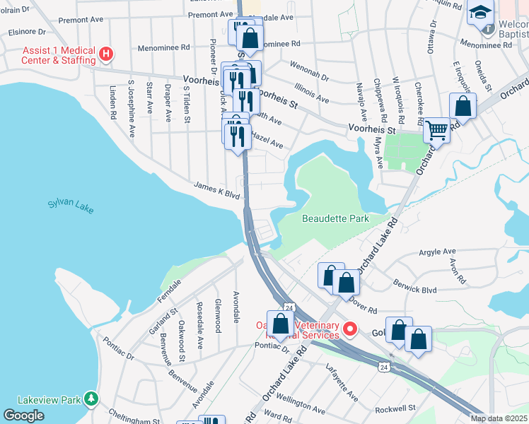 map of restaurants, bars, coffee shops, grocery stores, and more near 12 Riverbank Drive in Pontiac