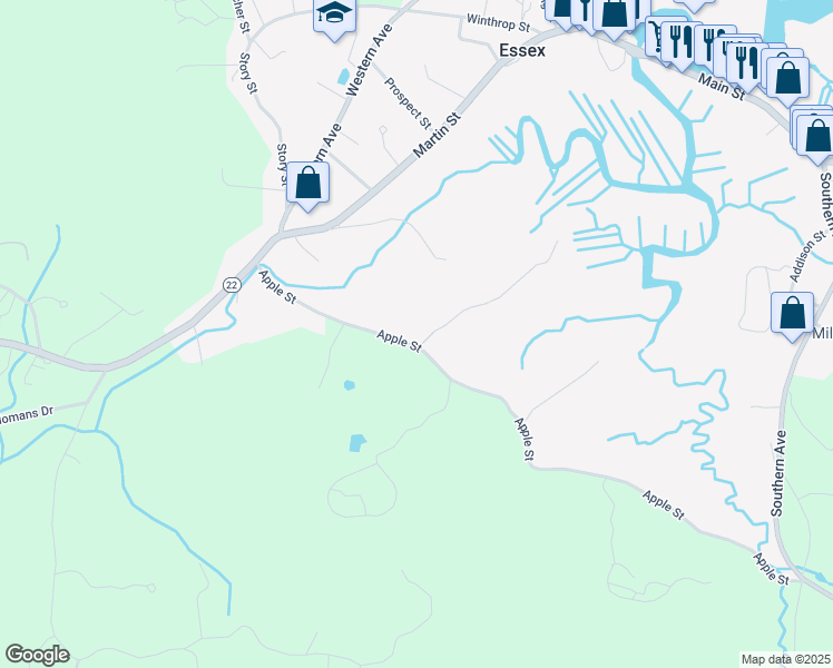 map of restaurants, bars, coffee shops, grocery stores, and more near 40 Apple Street in Essex