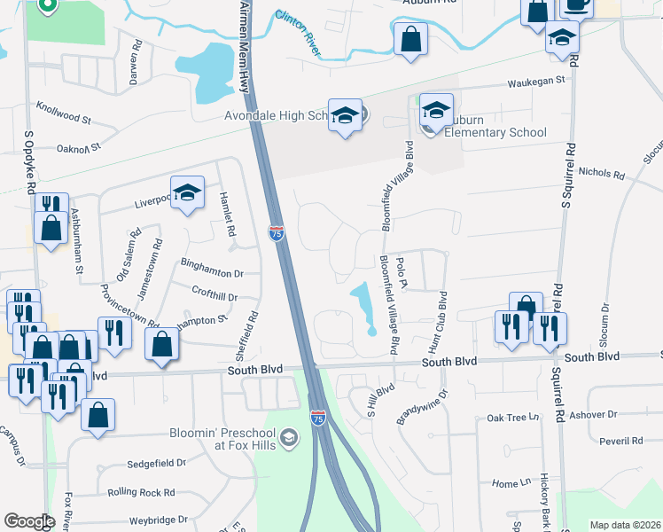 map of restaurants, bars, coffee shops, grocery stores, and more near 2879 Tall Oaks Court in Auburn Hills