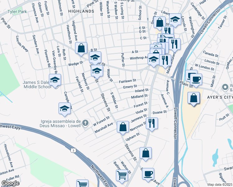 map of restaurants, bars, coffee shops, grocery stores, and more near 795 Wilder Street in Lowell